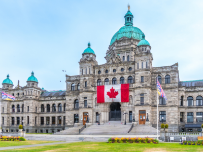 Canadian flag displayed outside a government building in Canada